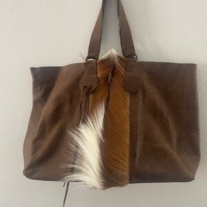 Brown Leather Tote Bag with Pony Fur Accent, Beautiful, Must see!